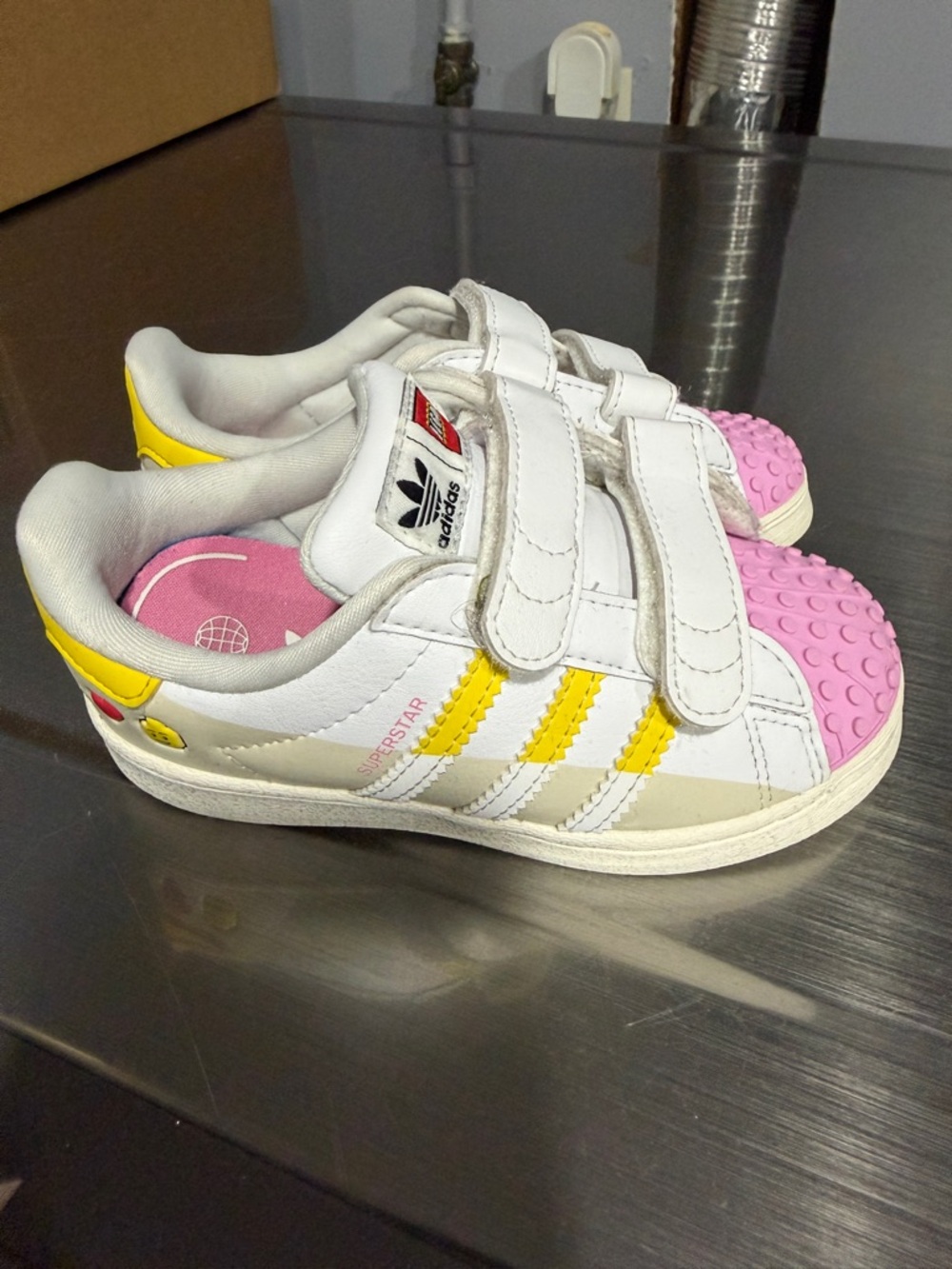 adidas Kids Lego Sneakers with Yellow Stripes and Pink Toecaps